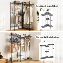 Portable Wardrobe Convertible Clothes Organizer with L-shape and Horizontal Installation-Black