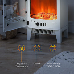 HOMCOM Tempered Glass Casing Electric Fireplace, Freestanding Electric Fire with Realistic Flame Effect, Log Burner with Overheat Protection, 1000w/ 2000W, White
