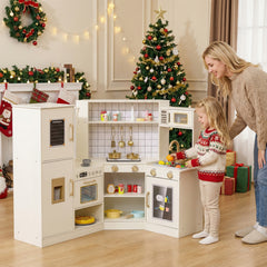 Pretend Play Corner Kitchen Set with Ice Dispenser Stoves for Boys Girls 3+-Beige
