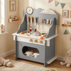 Pretend Play Toy Kitchen Set with Clock Stove Spice Rack for Aged 3+-Grey