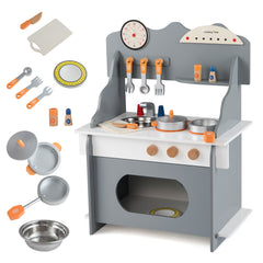 Pretend Play Toy Kitchen Set with Clock Stove Spice Rack for Aged 3+-Grey