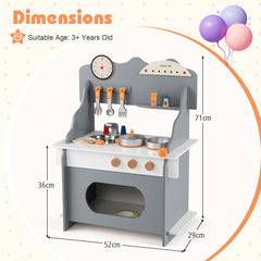 Pretend Play Toy Kitchen Set with Clock Stove Spice Rack for Aged 3+-Grey