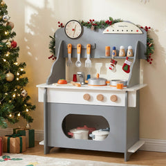 Pretend Play Toy Kitchen Set with Clock Stove Spice Rack for Aged 3+-Grey