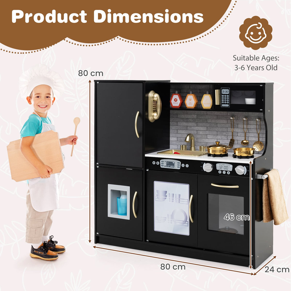 Toddler Pretend Kitchen Playset with Accessories and Simulated Sounds-Black