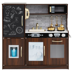 Toddler Pretend Kitchen Playset with Accessories and Simulated Sounds-Rustic Brown