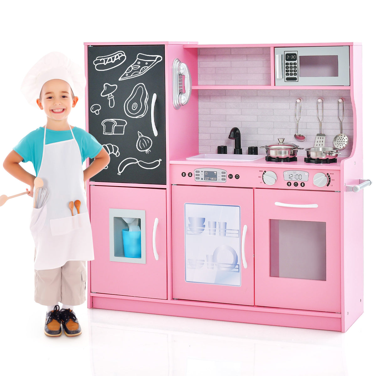 Toddler Pretend Kitchen Playset with Accessories and Simulated Sounds-Pink