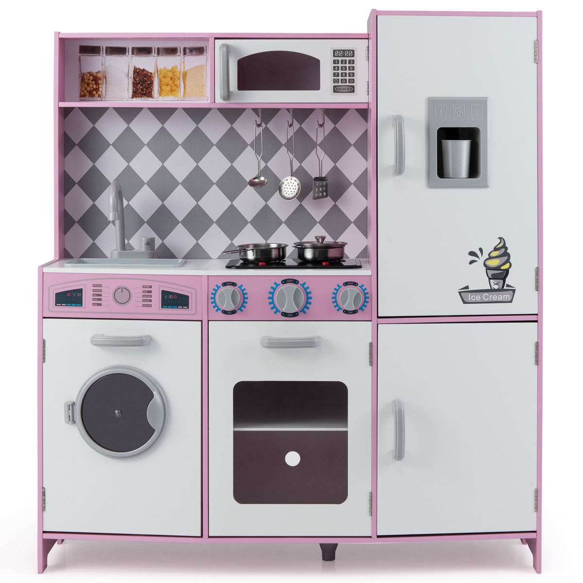 Pretend Play Kitchen with Ice Maker and Cooking Stove for Kids-Pink