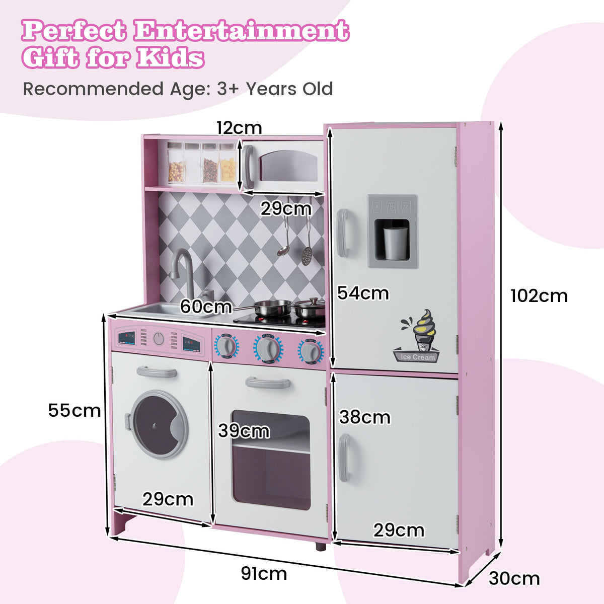 Pretend Play Kitchen with Ice Maker and Cooking Stove for Kids-Pink
