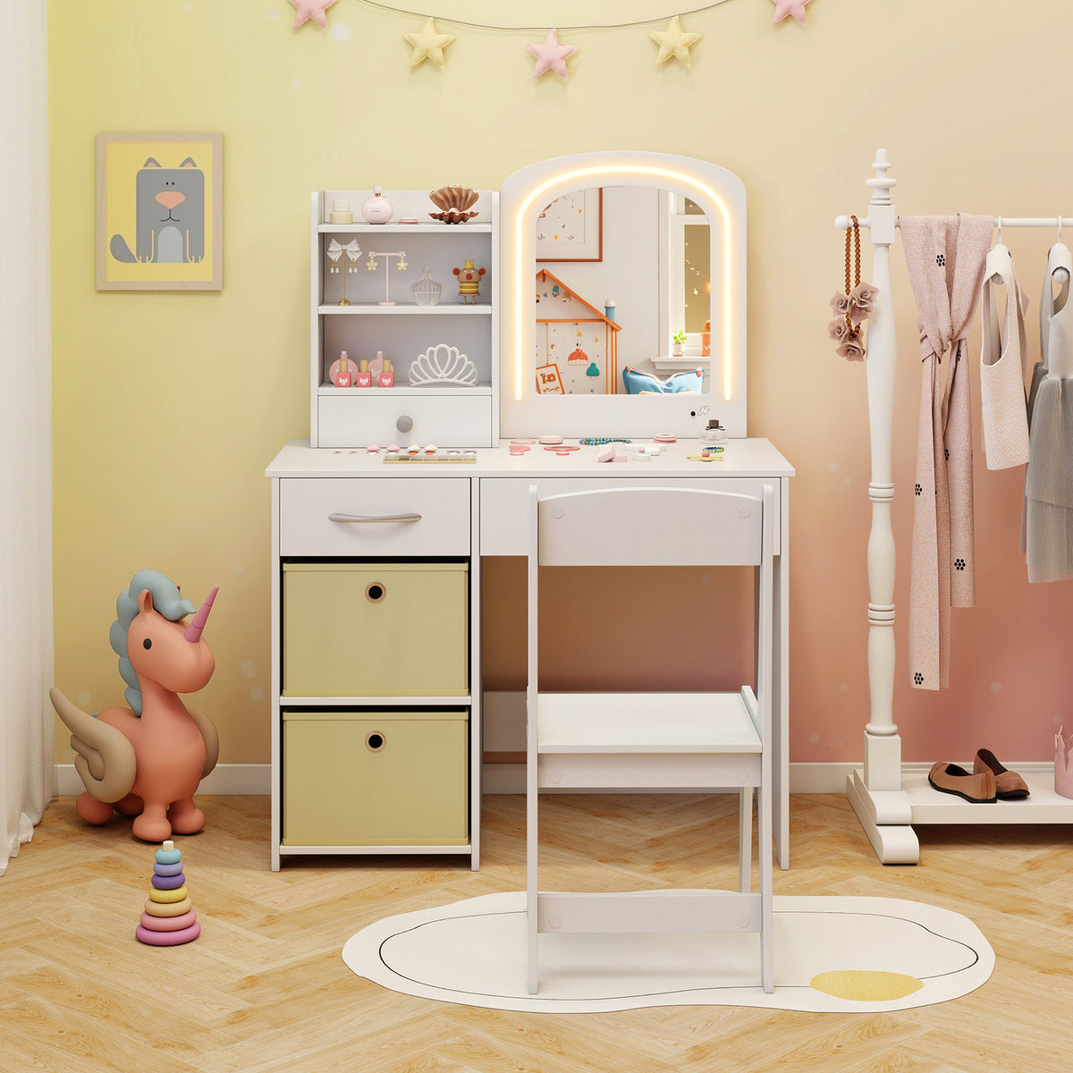 Kids Vanity Set with Lighted Mirror and Storage Drawers-White