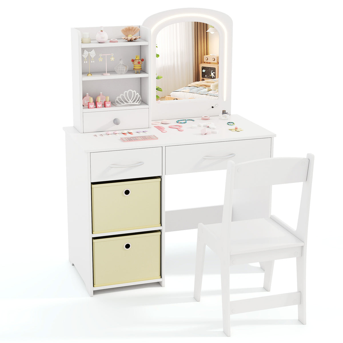 Kids Vanity Set with Lighted Mirror and Storage Drawers-White