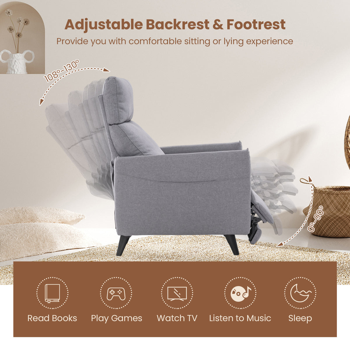 Linen Fabric Push Back Recliner Armchair with Adjustable Backrest and Footrest-Grey