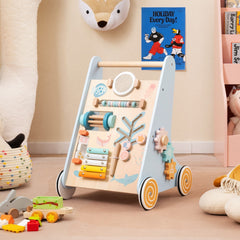 Push and Pull Learning Activity Center with Wheels, the baby walker is shown in a nursery setting next to a bookshelf and