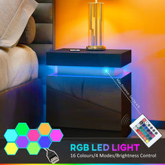 HOMCOM High Gloss Front Bedside Tables Set of 2, Nightstands with RGB LED Light and 2 Drawers, Chest of Drawers for Bedroom, Living Room, Black