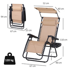 Outsunny Foldable Reclining Garden Chair with Headrest, Zero Gravity Deck Sun Lounger Seat Chair with Footrest, Armrest, Cup