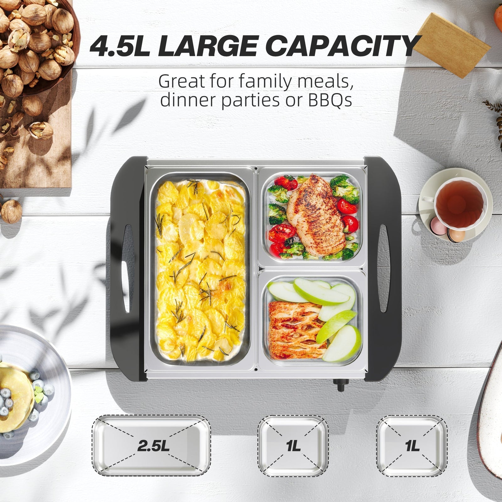 Stainless steel electric buffet server with capacity details