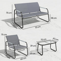 Outsunny 4 Piece Garden Furniture Set, Garden Sofa Set with Loveseat, 2 Armchairs, Tempered Glass Table for Balcony, Grey