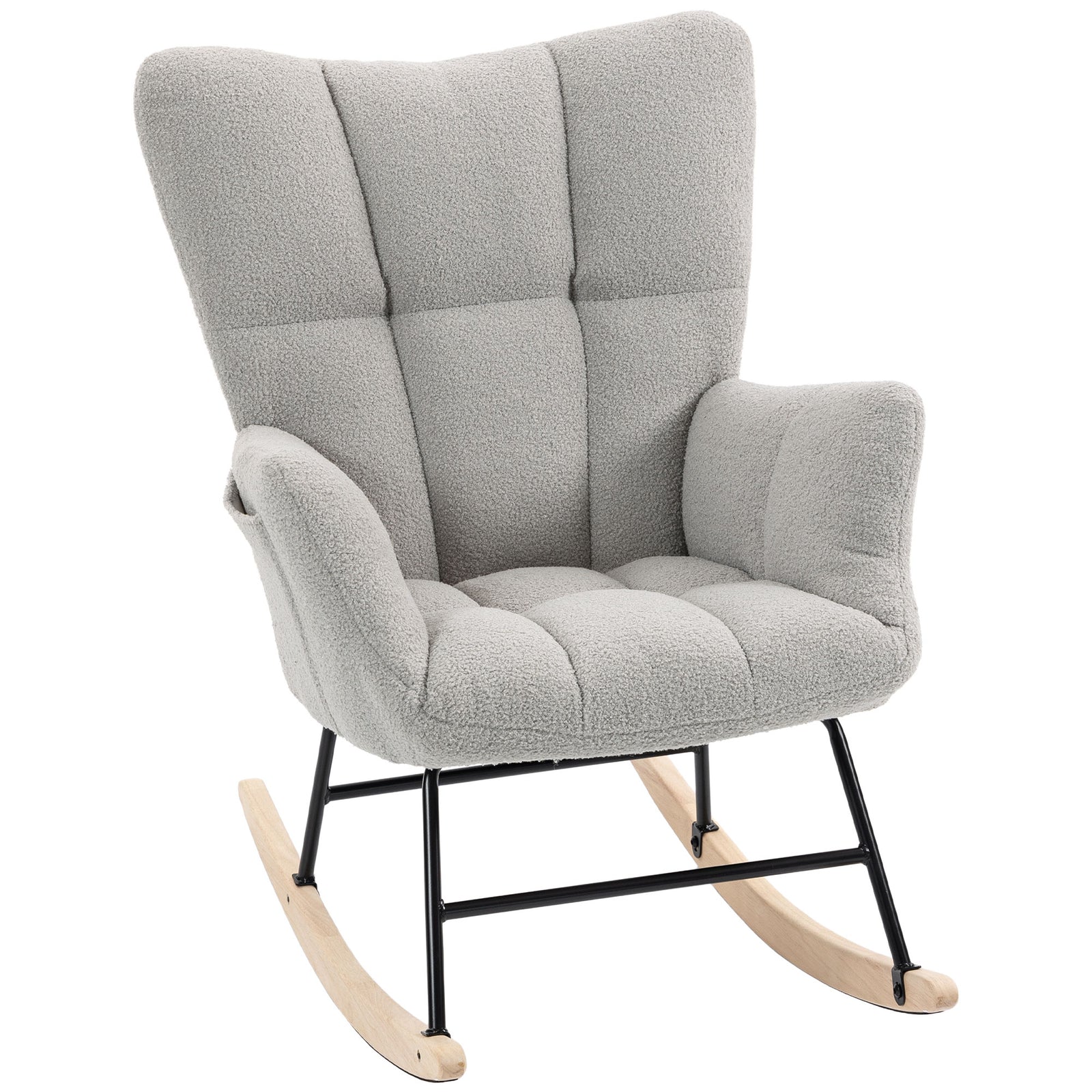 HOMCOM Rocking Chair, Teddy Fleece Rocker Chair with Tufted Wingback, Side Pockets, Rubber Wood Legs, Light Grey