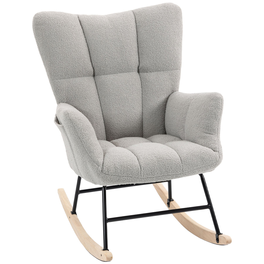 HOMCOM Rocking Chair, Teddy Fleece Rocker Chair with Tufted Wingback, Side Pockets, Rubber Wood Legs, Light Grey
