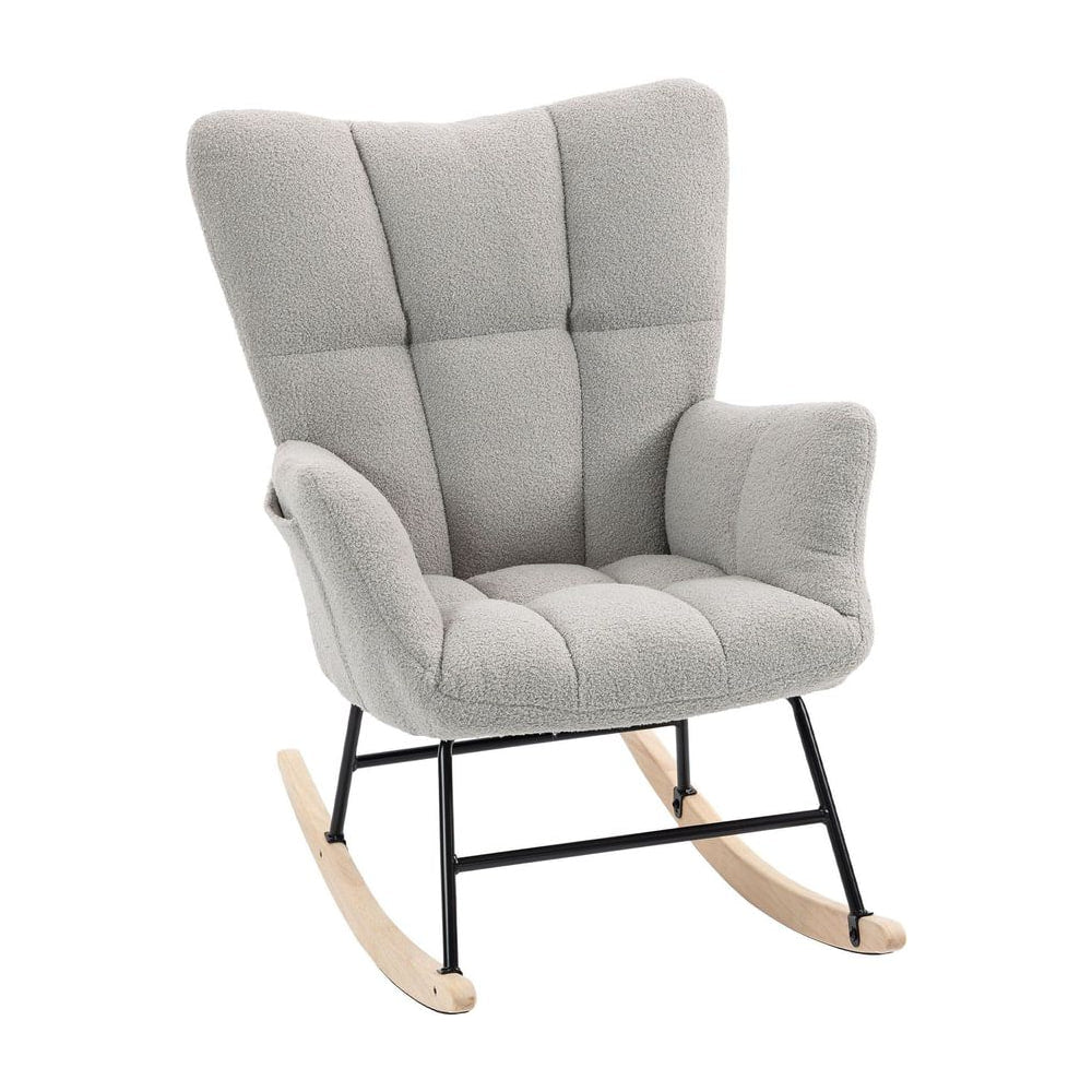 HOMCOM Rocking Chair, Teddy Fleece Rocker Chair with Tufted Wingback, Side Pockets, Rubber Wood Legs, Light Grey