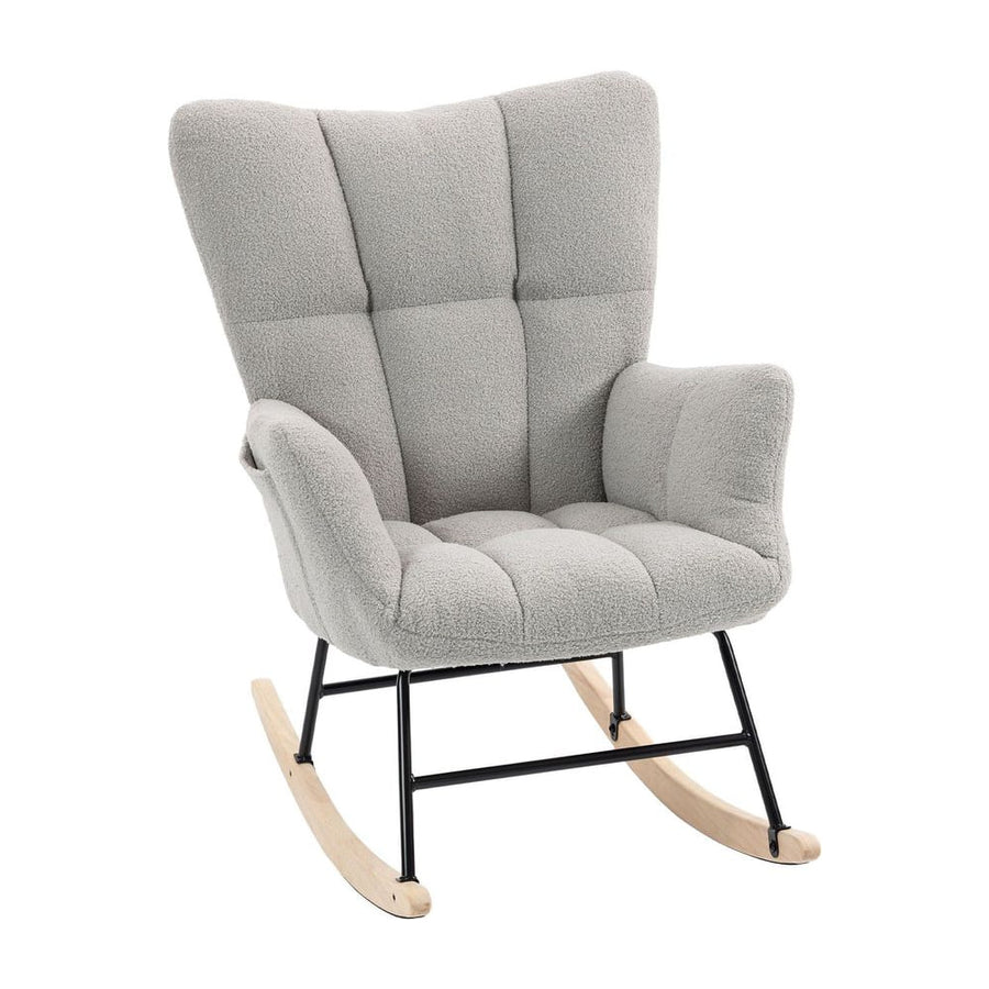HOMCOM Rocking Chair, Teddy Fleece Rocker Chair with Tufted Wingback, Side Pockets, Rubber Wood Legs, Light Grey