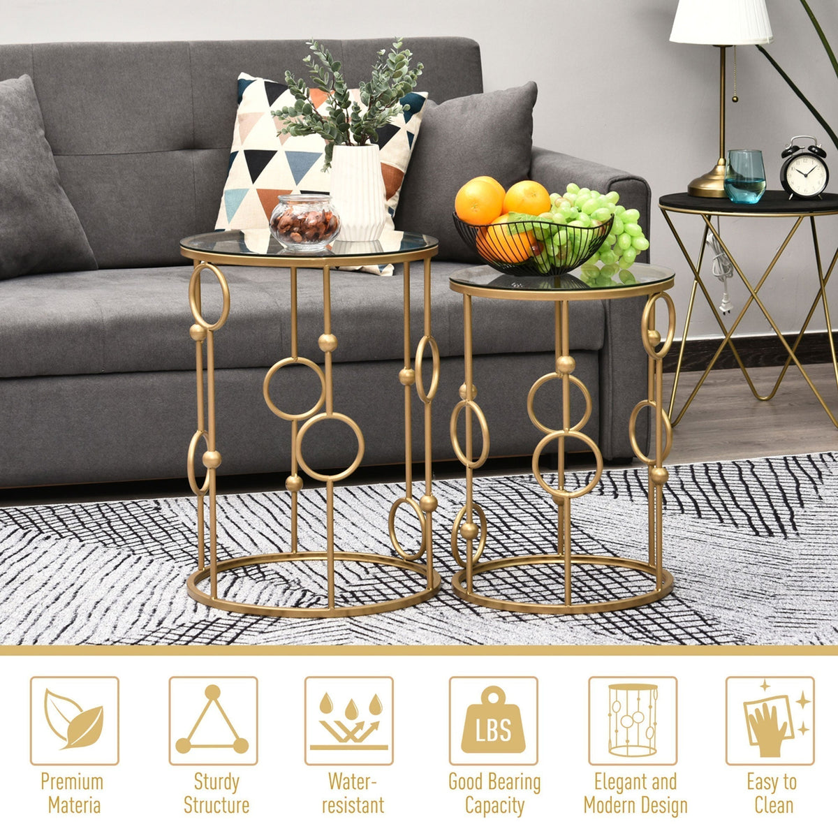 HOMCOM Nesting Round Coffee Table Set of 2 - Gold Tone