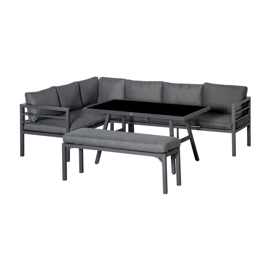 Outsunny 4 Piece L-shaped Garden Furniture Set 8-Seater Aluminium Outdoor Dining Set Conversation Sofa Set w/ Bench, Dining