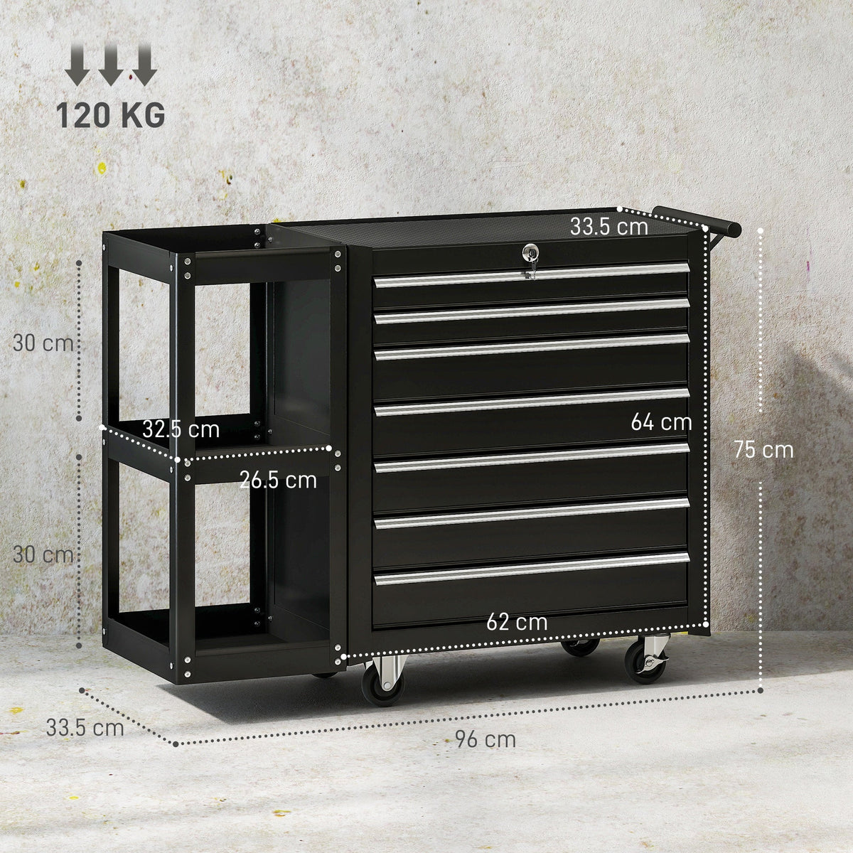 HOMCOM Lockable Steel Tool Chest on Wheels, 7 Drawer Tool Box with Handle for Workshop, Garage, Black - product image 3