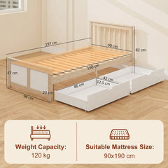 HOMCOM Pine Storage Bed, 3ft Single Solid Wooden Bed Frame with Drawers, Headboard, Wood Slat Support, Natural Wood Finish