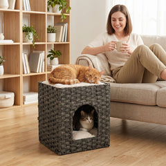PawHut 2-Tier Wicker Cat House, Handwoven Rattan Cat Bed with Washable Cushions, Indoor Kitten Condo Hideaway