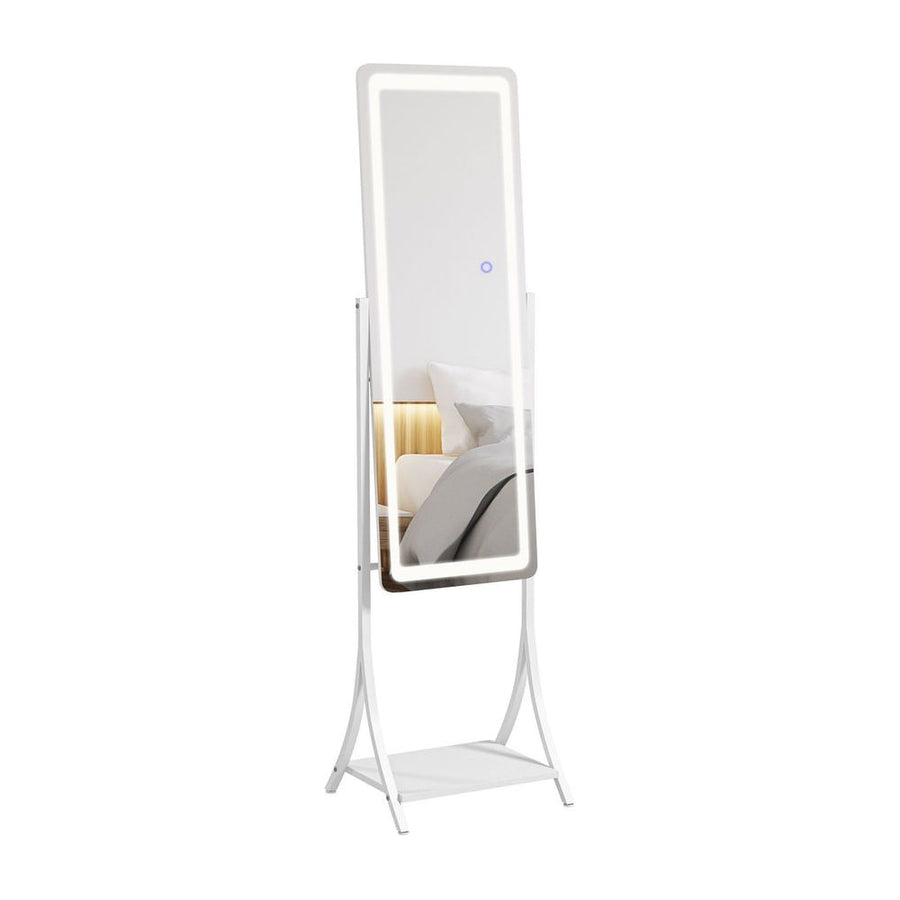 HOMCOM Free Standing Dressing Mirror with LED Lights, Full Length Mirror with 3 Temperature Colours and Storage Shelf