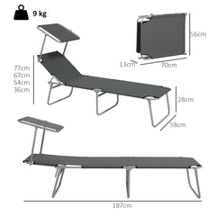 Outsunny Folding Sun Lounger Set of 2 with Canopy, Reclining Sunbed with 4-Position Adjustable Backrest, 600D Oxford Cloth, Portable Garden Lounger Recliner Chair for Beach, Camping, Patio, Grey