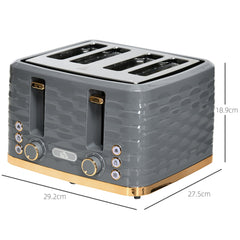 The four-slice toaster showing height, width and depth dimensions with measurement lines