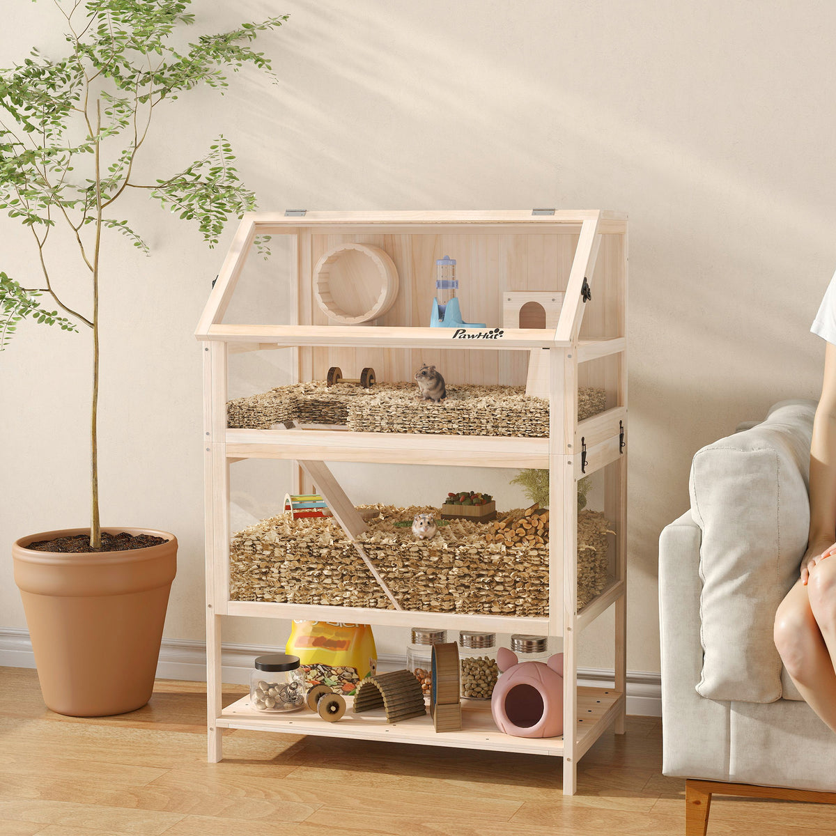 PawHut Wooden Hamster Cage with Detachable Lower Floor, Storage Shelf, Hut, Seesaw, Exercise Wheel, Ramps for Hamster