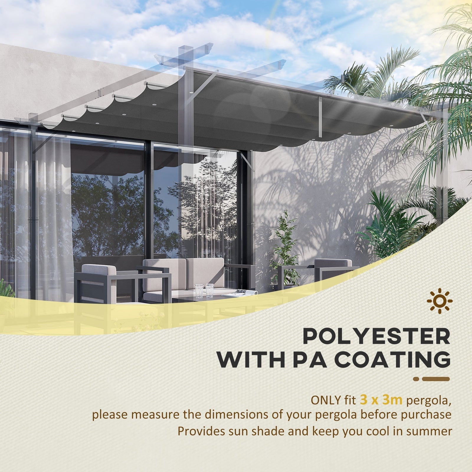 Outsunny Retractable Pergola Cover, 2.55 x 2.5 m Replacement Canopy Fabric for 3 x 3 m Frame, Roof Top Only, Dark Grey