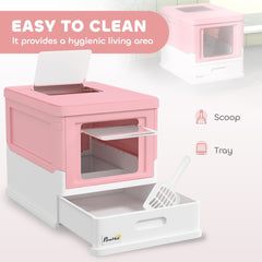 PawHut Hooded Cat Litter Box, Portable Pet Toilet, with Scoop, Front Entry - Pink