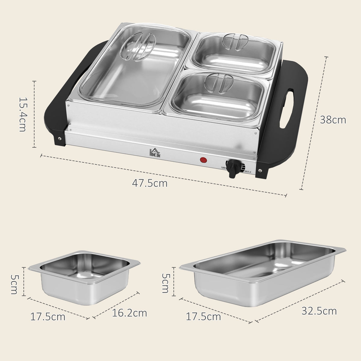 Stainless steel electric buffet server with dimensions shown