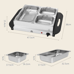 Stainless steel electric buffet server with dimensions shown