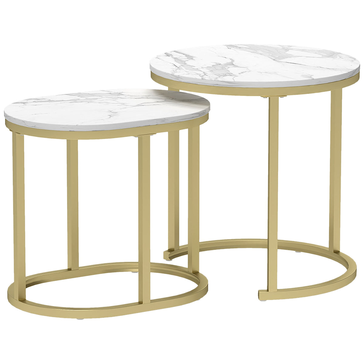 HOMCOM Nest of Tables with Steel Frame and Faux Marble Tabletop, Modern Coffee Table Set of 2, Gold Tone/White