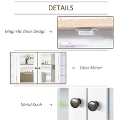 Close up details of the bathroom mirror cabinet showing magnetic door design, clear mirror and metal knobs