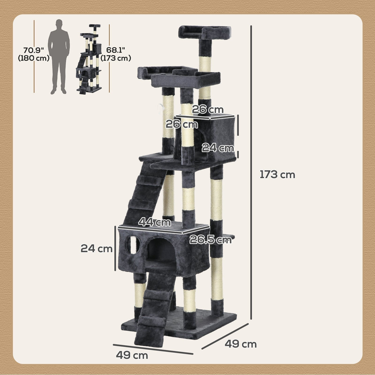 PawHut 173cm Cat Tree Scratching House, Activity Play Centre, Charcoal Grey