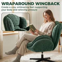 HOMCOM Modern Wingback Accent Chair, Velvet Armchair with Four-Star Base, S-Springs, Swivel, Dark Green