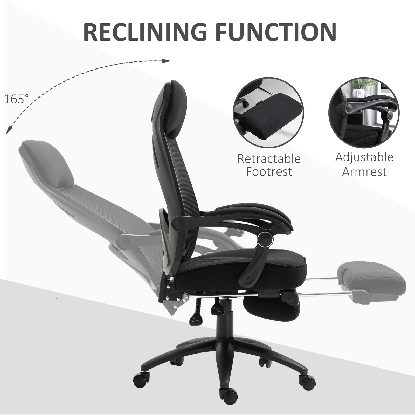 The office chair demonstrating the reclining backrest and extendable footrest