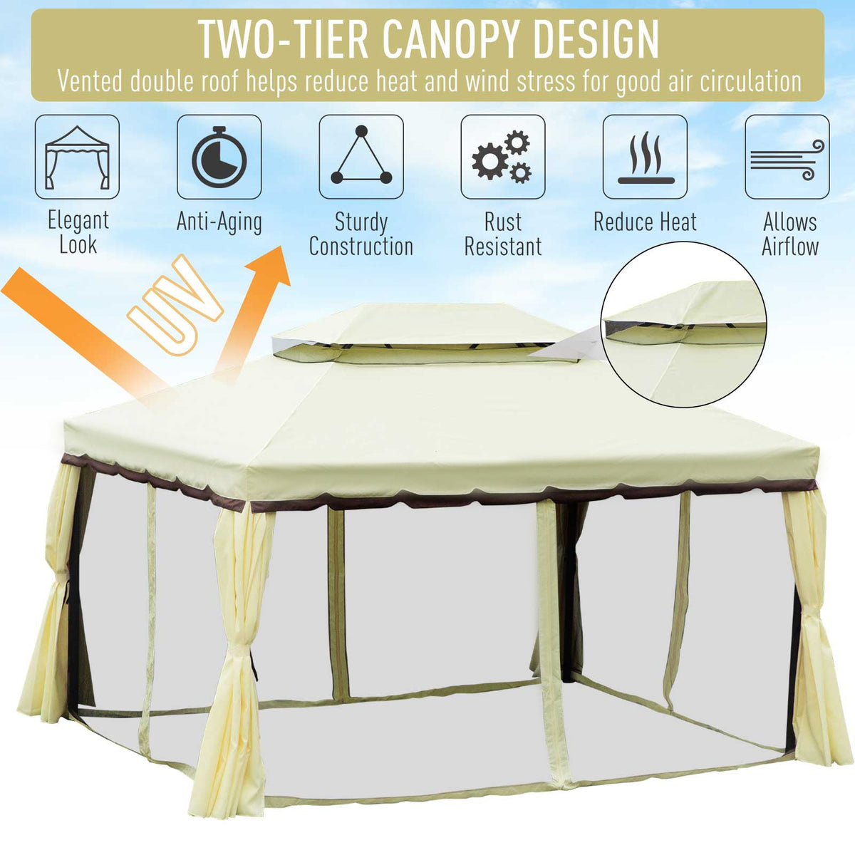 Outsunny 4 x 3 m Aluminum Garden Gazebo, Double Roof Outdoor Gazebo Canopy Shelter with Netting & Curtains for Garden, Lawn, Backyard and Deck, Cream