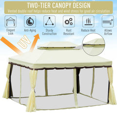 Outsunny 4 x 3 m Aluminum Garden Gazebo, Double Roof Outdoor Gazebo Canopy Shelter with Netting & Curtains for Garden, Lawn, Backyard and Deck, Cream