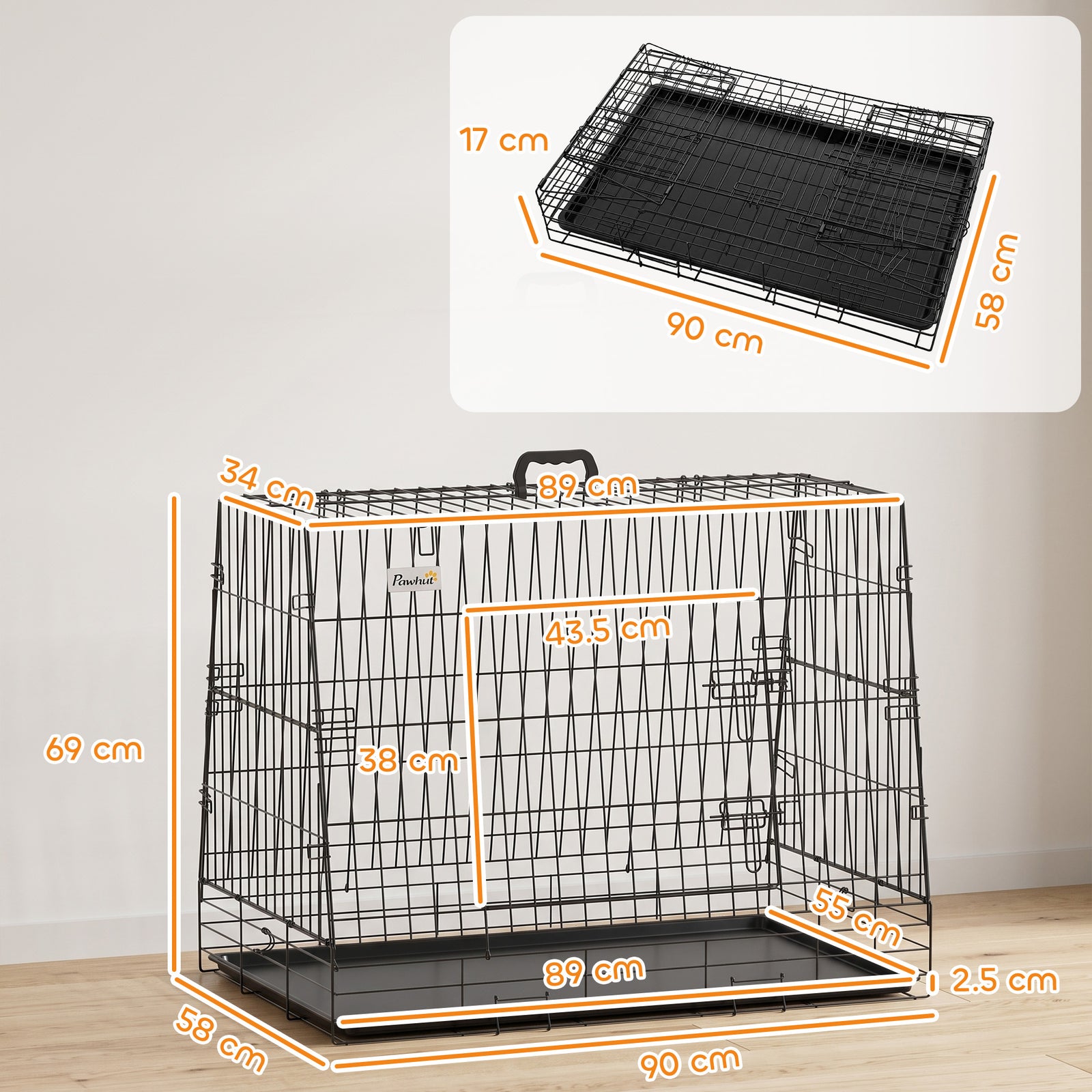 PawHut 35"(90 cm) Car Dog Crate Medium Large Collapsible Slanted Travel Dog Cage with Tray for Car Boot