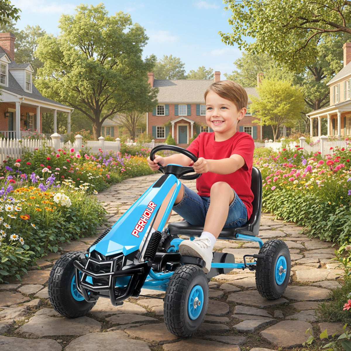 AIYAPLAY Kids Pedal Go Kart with Adjustable Seat, EVA Tyres, Manual Clutch, Brake, Go Kart for Kids 3-8 Years, Blue