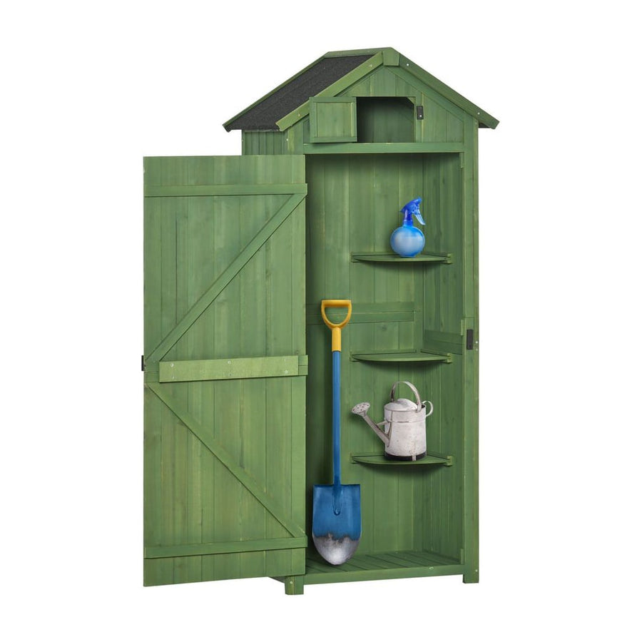 Outsunny Small Shed, Tall Slim Wooden Garden Shed with 3 Removable Shelves and Roof Hatch, Compact Outdoor Tool Storage