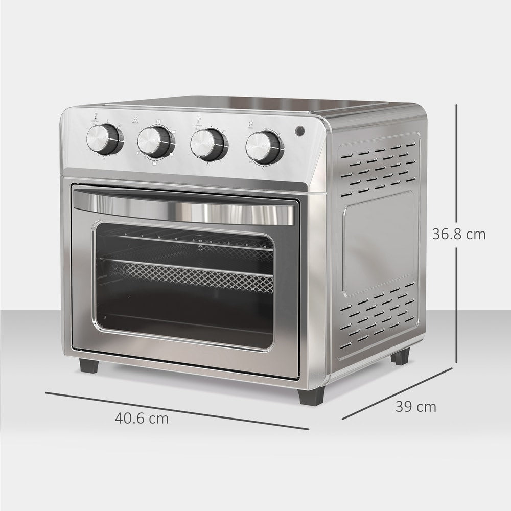 the air fryer oven with dimensions indicated by lines and numbers on the front and sides