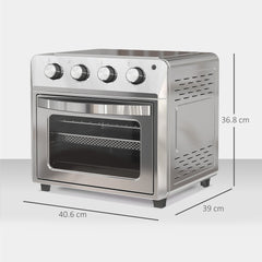 the air fryer oven with dimensions indicated by lines and numbers on the front and sides