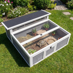 PawHut Wooden Tortoise House, Tortoise Enclosure with Clear Observation Window, Top Opening, Multiple Doors, Galvanised Mesh